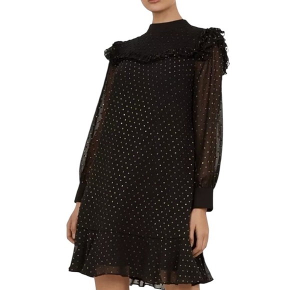 Ted Baker - Rebekha Joyous Ruffled Black Long Sleeve Polka Dots Dress Sz 2 US 6 - Picture 1 of 10
